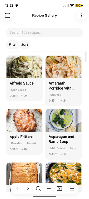 The recipe gallery showing a grid of recipe cards with photos, meal types, and cook times