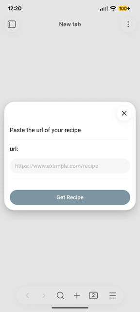The import dialog, with a recipe URL pasted into the prompt