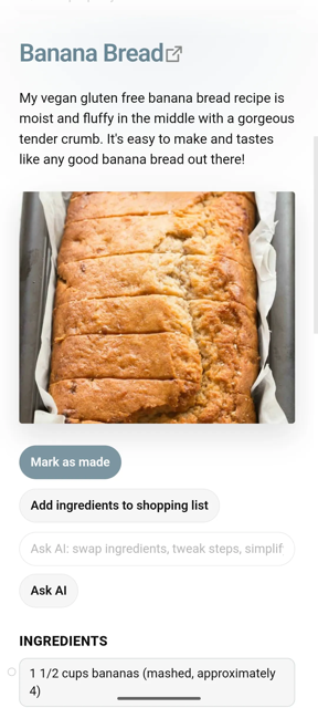 A banana bread recipe note with Mark as made, shopping list, and Ask AI buttons